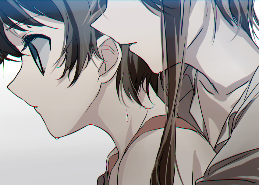 2girls bare_shoulders blue_eyes brown_hair brown_shirt close-up collarbone collared_shirt commentary_request expressionless from_side front-to-back grey_background head_out_of_frame heads_together highres hug hug_from_behind koyoru-f love_live! love_live!_school_idol_festival multiple_girls orange_tank_top parted_lips portrait profile saiki_fuu shido_misaki_(love_live!) shirt short_hair short_hair_with_long_locks sidelocks small_sweatdrop tank_top