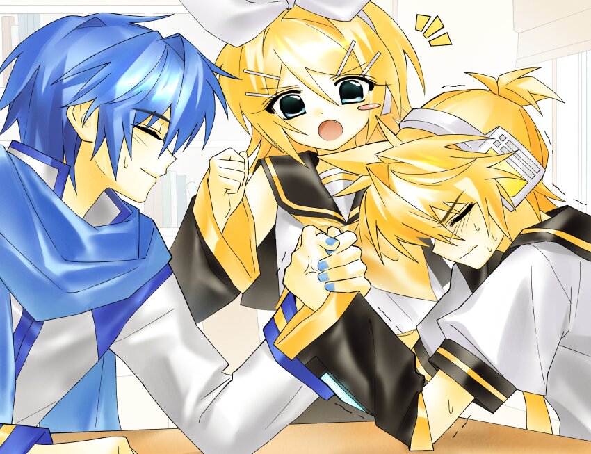 1girl 2boys :o absurdres anger_vein aqua_eyes arm_wrestling bare_shoulders black_sailor_collar black_sleeves blonde_hair blue_hair blue_nails blue_scarf blush_stickers bookshelf bow cheering clenched_hand crop_top detached_sleeves fang from_side hair_ornament hairclip headphones headset highres hynn0x_x indoors jacket kagamine_len kagamine_rin kaito_(vocaloid) long_sleeves midriff_peek multiple_boys neckerchief necktie open_mouth ponytail profile sailor_collar sailor_shirt scarf shirt short_hair short_ponytail short_sleeves single_blush_sticker sleeveless sleeveless_shirt smile spiked_hair sweatdrop table trembling vocaloid wavy_mouth white_bow white_jacket white_shirt window yellow_neckerchief yellow_necktie