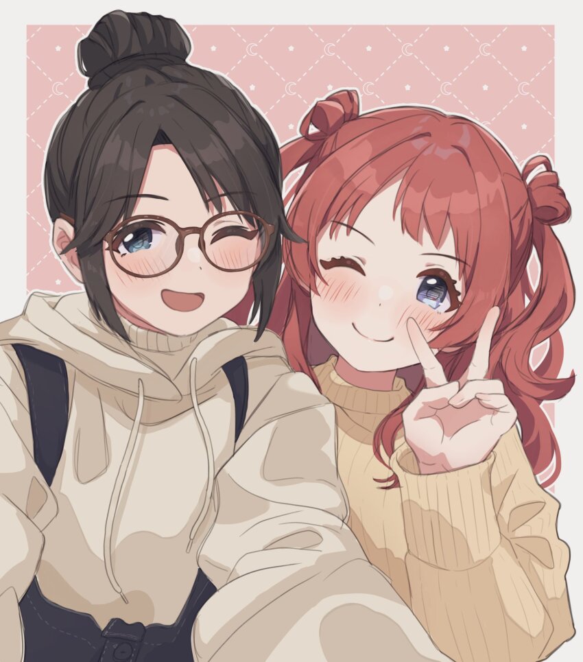 2girls alternate_hairstyle black_hair black_overalls blue_eyes blush cowboy_shot gakuen_idolmaster glasses hair_bun hanami_saki highres hood hoodie idolmaster idolmaster_shiny_colors in-franchise_crossover mitsumine_yuika multiple_girls open_mouth overalls pippo_(pippo314) red-framed_eyewear red_hair ribbed_sweater round_eyewear smile sweater turtleneck turtleneck_sweater two-tone_background v white_hoodie yellow_sweater