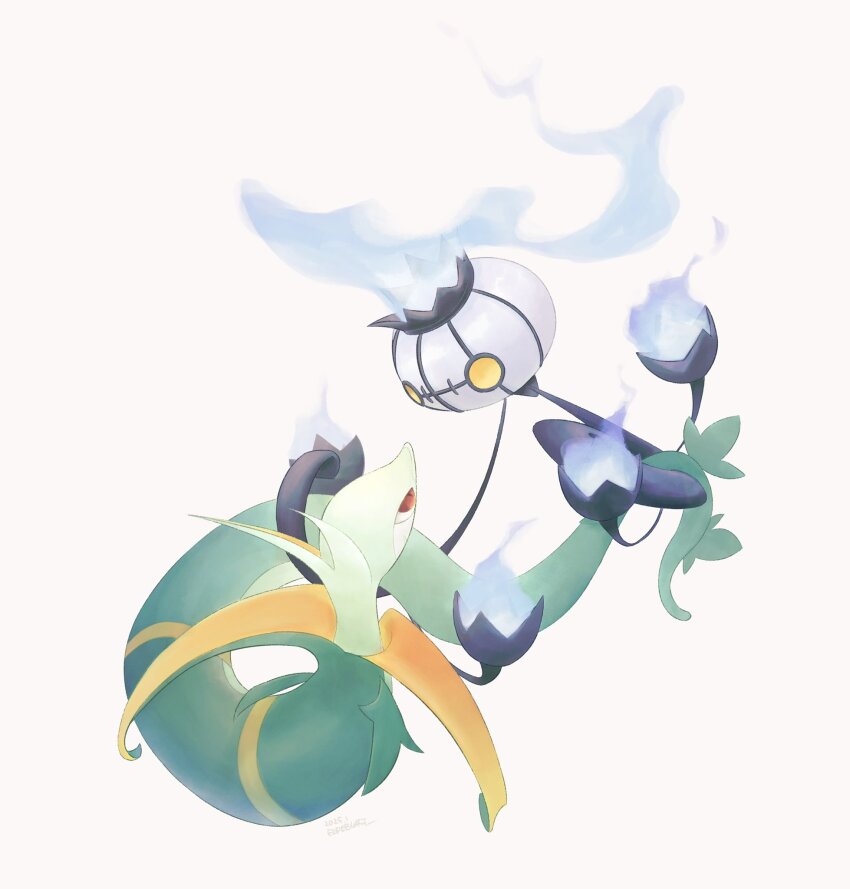 chandelure commentary fireblast full_body gen_5_pokemon highres nintendo no_humans pokemon pokemon_(creature) red_eyes serperior simple_background slit_pupils symbol-only_commentary white_background yellow_eyes