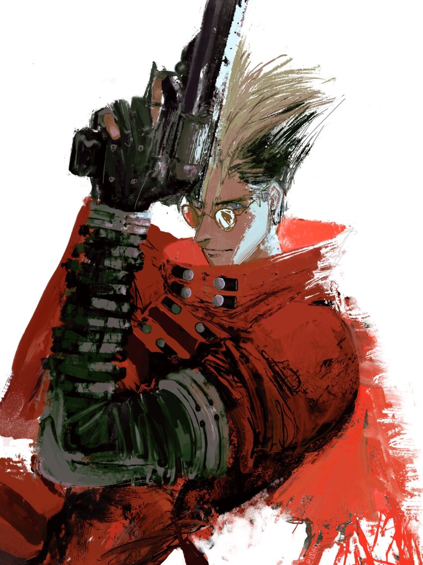 100m4x 1boy blonde_hair blue_eyes coat earrings fingerless_gloves gloves gun handgun highres jewelry mole mole_under_eye orange-tinted_eyewear prosthesis prosthetic_arm red_coat revolver round_eyewear single_earring spiked_hair tinted_eyewear trigun trigun_maximum vash_the_stampede weapon