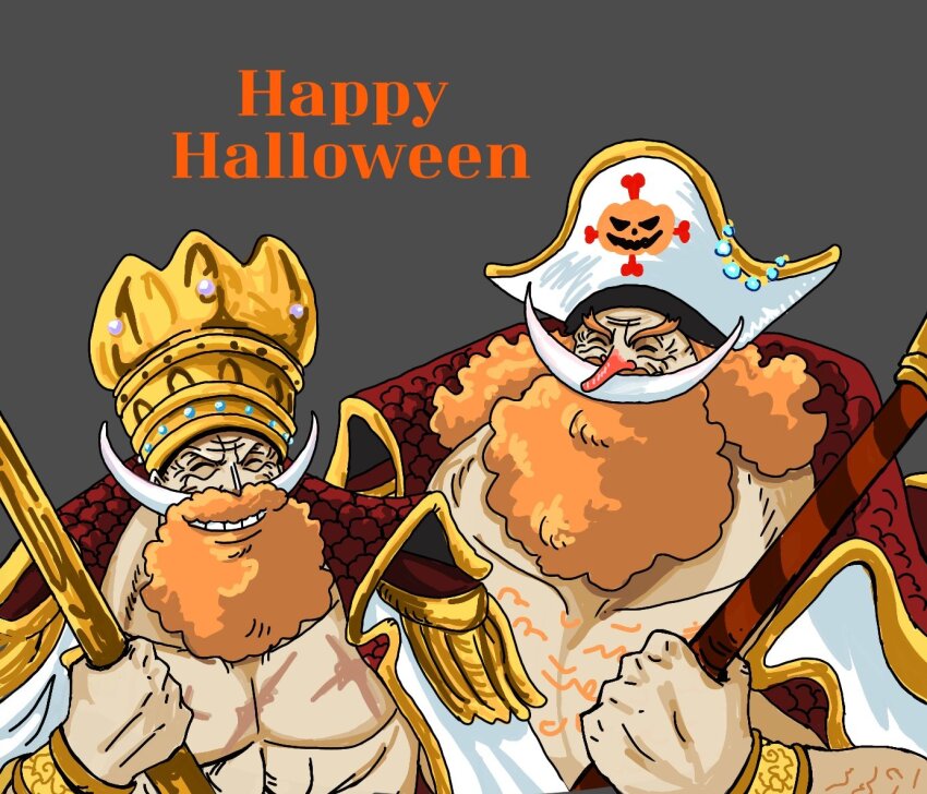 2boys ^_^ arm_hair beard bracelet chest_hair closed_eyes collared_coat commentary_request crown edward_newgate facial_hair happy_halloween hat holding holding_weapon jewelry long_beard long_nose male_focus mobio_1002 multiple_boys neptune_(one_piece) one_piece orange_hair pirate_hat pumpkin smile upper_body weapon