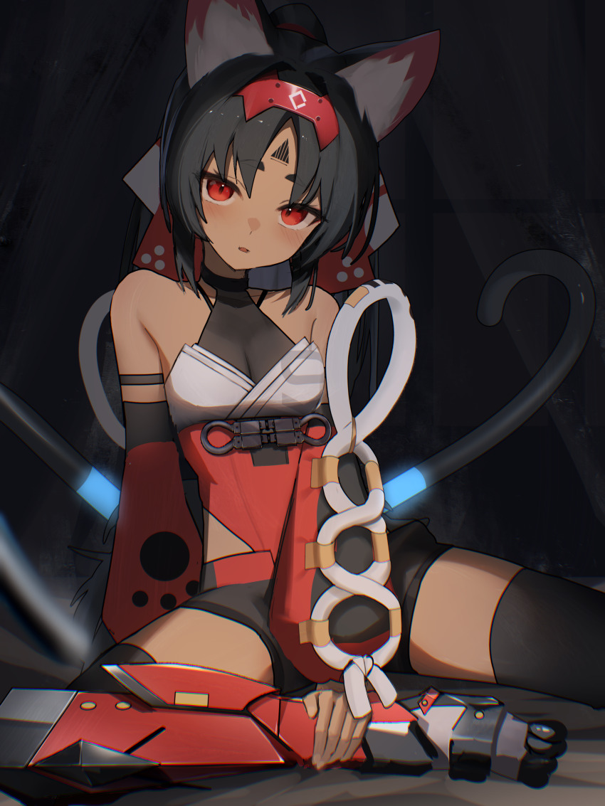 1girl absurdres animal_ears barcode barcode_tattoo bare_shoulders black_hair breasts cable cable_tail cat_ears cat_girl cat_tail commentary_request corset dark-skinned_female dark_skin detached_sleeves facial_mark fingernails forehead_tattoo hairband highres looking_at_viewer mechanical_tail multiple_tails nekomiya_mana open_mouth red_corset red_eyes red_hairband red_sleeves solo tail tattoo thomas_8000 triangle triangle_facial_mark two_tails zenless_zone_zero