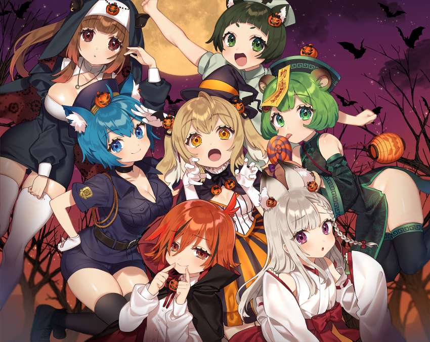6+girls animal_ear_fluff animal_ears animare bear_ears bear_hair_ornament bear_paws black_ribbon breast_pocket dog_ears hair_ornament halloween halloween_costume hand_on_own_hip highres hinokuma_ran inaba_haneru_(animare) inari_kuromu kazami_kuku multiple_girls nanashi_inc. pocket ribbon sakura_yuki_(clochette) shiromiya_mimi sky souya_ichika star_(sky) starry_sky umori_hinako virtual_youtuber yunohara_izumi