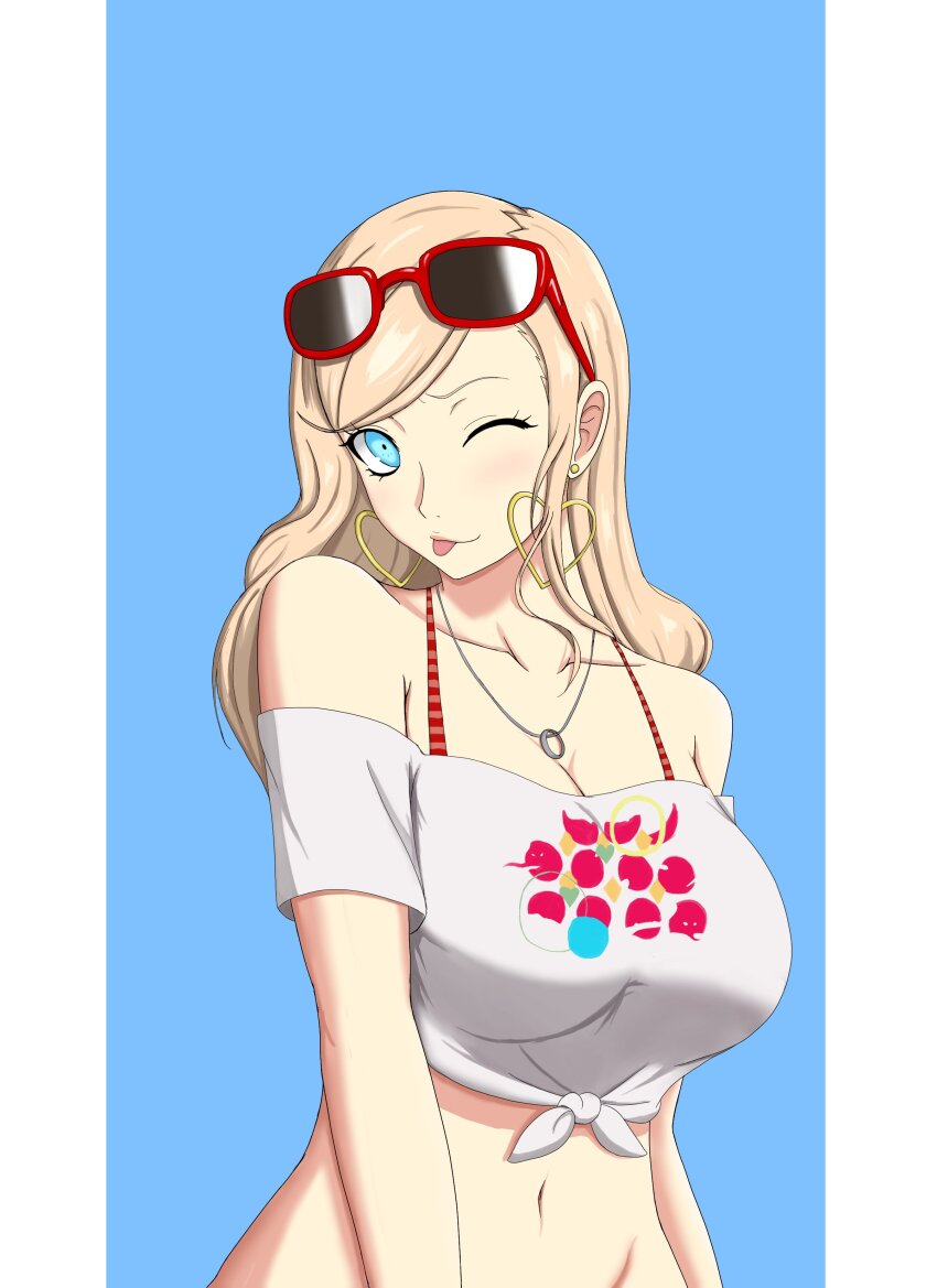 1girl ;p absurdres blonde_hair blue_eyes breasts cleavage crop_top earrings eyewear_on_head hair_down heart heart_earrings highres hoop_earrings jewelry large_breasts long_hair looking_at_viewer nahone_peko navel necklace one_eye_closed persona persona_5 persona_5_scramble:_the_phantom_strikers pillarboxed red-framed_eyewear shirt solo sunglasses takamaki_anne tied_shirt tongue tongue_out upper_body