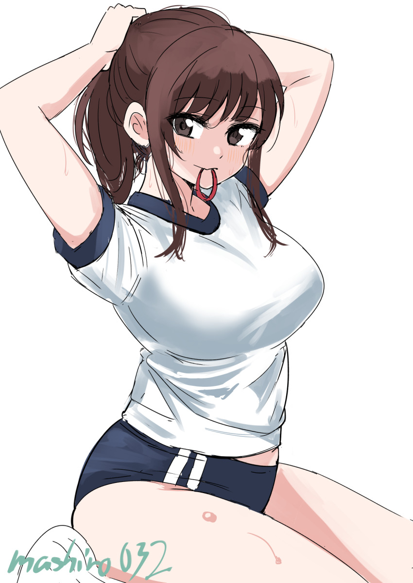1girl blue_buruma breasts brown_eyes brown_hair buruma commentary_request ereka gym_uniform hair_tie_in_mouth highres large_breasts long_hair looking_at_viewer midriff_peek mouth_hold original short_sleeves sidelocks solo twitter_username tying_hair