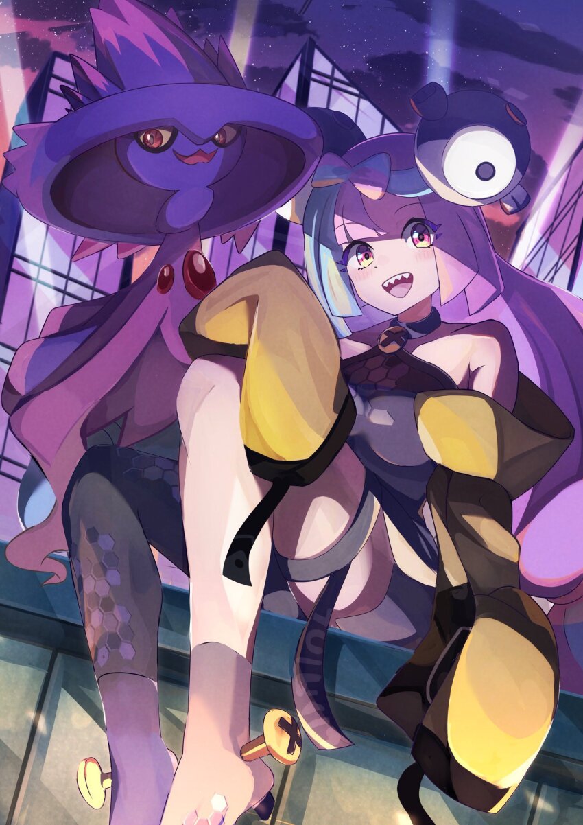 1girl :d blush boots breasts character_hair_ornament cloud commentary eyelashes gen_4_pokemon ghost green_hair grey_footwear grey_shirt hair_ornament highres iono_(pokemon) jacket long_hair looking_at_viewer medium_breasts mismagius multicolored_hair night nintendo off_shoulder open_clothes open_jacket open_mouth outdoors pokemon pokemon_(creature) pokemon_sv purple_hair shirt single_leg_pantyhose sitting sky smile star_(sky) teeth thigh_strap tongue twintails two-tone_hair umiru upper_teeth_only yellow_jacket