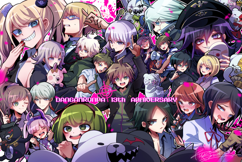 6+boys 6+girls absurdres ahoge akamatsu_kaede anniversary arm_up bandaged_arm bandaged_head bandaged_leg bandages bear bear_hair_ornament black_gloves black_hair black_hat black_necktie blonde_hair blood blue_eyes blue_hair blush book bow brown_gloves cigar closed_eyes closed_mouth commentary_request danganronpa danganronpa/zero danganronpa_(series) danganronpa_2:_goodbye_despair danganronpa_3_(anime) danganronpa_another_episode:_ultra_despair_girls danganronpa_v3:_killing_harmony drooling english_text enoshima_junko evil_grin evil_smile eyepatch fedora flower from_side fukawa_toko galaga glasses gloves gold_teeth green_eyes green_hair green_necktie grey_eyes grey_hair grin hair_ornament hair_ribbon hand_on_own_chin hat heterochromia highres hinata_hajime holding holding_book holding_flower holding_mask holding_megaphone holding_pen ikusaba_mukuro jewelry k1-b0 kirigiri_kyoko komaeda_nagito kujira_pyon_ka kurokuma_(danganronpa) lock long_hair mask matsuda_yasuke megaphone mole mole_under_eye mole_under_mouth monodam monokid monokuma monomi_(danganronpa) monophanie monosuke monotaro_(danganronpa) multiple_boys multiple_girls munakata_kyousuke naegi_komaru naegi_makoto nail_polish nanami_chiaki neckerchief necklace necktie oma_kokichi one_eye_closed open_mouth otonashi_ryouko pen pink_blood pink_flower pink_hair pointing polka_dot polka_dot_bow ponytail purple_eyes purple_hair red_eyes red_hair red_neckerchief red_ribbon ribbon robot round_eyewear saihara_shuichi school_uniform serafuku sharp_teeth shirokuma_(danganronpa) shirt short_hair signature smile teeth togami_byakuya torn_clothes torn_neckerchief towa_monaca twintails upper_teeth_only utsugi_kotoko white_hair white_shirt yellow_bow yellow_flower yukizome_chisa