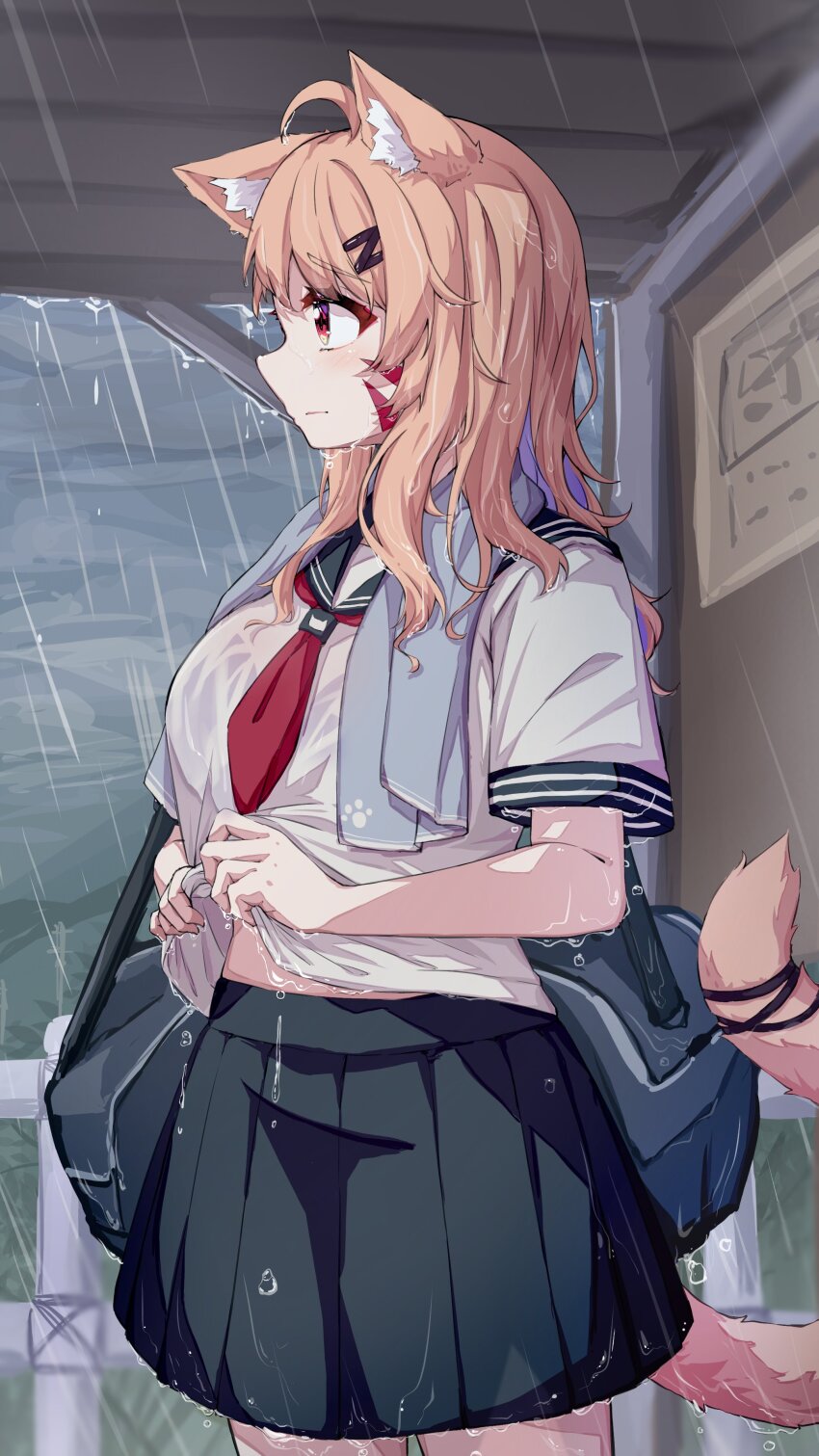 1girl absurdres ahoge animal_ear_fluff animal_ears blonde_hair breasts cat_ears cat_girl cat_tail colored_inner_hair facial_mark from_side highres indie_virtual_youtuber long_hair medium_breasts multicolored_hair pleated_skirt purple_hair rain red_eyes sailor_collar school_uniform second-party_source serafuku shirt shyrei_faolan skirt solo tail two-tone_hair u_da_desu virtual_youtuber wet wet_clothes wet_shirt wet_skirt whisker_markings