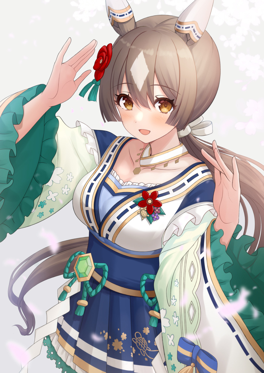 1girl :d animal_ears blue_skirt blunt_sidelocks blush breasts brown_eyes brown_hair choker commentary_request cowboy_shot detached_collar double-parted_bangs ear_covers flower frilled_sleeves frills hair_between_eyes hair_flower hair_ornament hakama hakama_short_skirt hakama_skirt hands_up highres horse_ears horse_girl horse_tail japanese_clothes kimono kirifrog large_breasts layered_sleeves long_hair long_sleeves looking_at_viewer low_ponytail miniskirt mixed-language_commentary multicolored_hair multicolored_kimono official_alternate_costume official_alternate_hairstyle open_mouth pleated_skirt ponytail red_flower ribbon-trimmed_kimono ribbon-trimmed_sleeves ribbon_trim satono_diamond_(floral_star_prosperous_green)_(umamusume) satono_diamond_(umamusume) short_over_long_sleeves short_sleeves sidelocks skirt smile solo streaked_hair tail umamusume very_long_hair w_arms white_choker white_kimono wide_sleeves