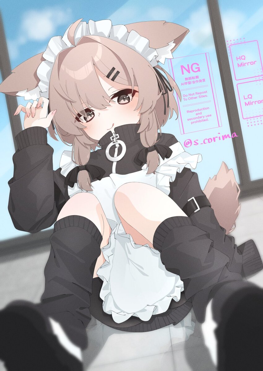 1girl :p :q ahoge animal_ear_fluff animal_ears apron arm_up artist_name bike_shorts black_bow black_jacket black_ribbon black_shoes black_shorts black_sleeves black_socks blue_sky blurry blurry_foreground blush borrowed_character bow brown_hair closed_mouth cloud day depth_of_field dog_tail dot_nose dutch_angle fingernails frilled_apron frills full_body hair_between_eyes hair_bow hair_intakes hair_ornament hairclip hand_up high_collar highres indoors jacket kneehighs knees_together_feet_apart knees_up leg_warmers licking_lips long_hair long_sleeves looking_at_viewer loose_socks mafuyu_(vrchat) maid maid_apron maid_headdress medium_hair nail_polish on_floor pink_nails puffy_long_sleeves puffy_sleeves reflective_floor ribbon s_corima shoe_soles shoes short_hair_with_long_locks shorts sidelocks sitting sky sleeves_past_fingers sleeves_past_wrists smile socks solo strap_slip tail tile_floor tiles tongue tongue_out track_jacket track_suit turtleneck twintails twitter_username unconventional_maid uwabaki vrchat white_apron white_shoes window wolf_ears zipper zipper_pull_tab