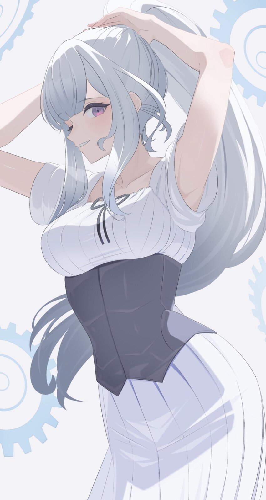 1girl adjusting_hair breasts character_request collarbone cowboy_shot dress duel_monster grey_hair heichi highres large_breasts long_hair purple_eyes simple_background solo white_background white_dress yu-gi-oh!