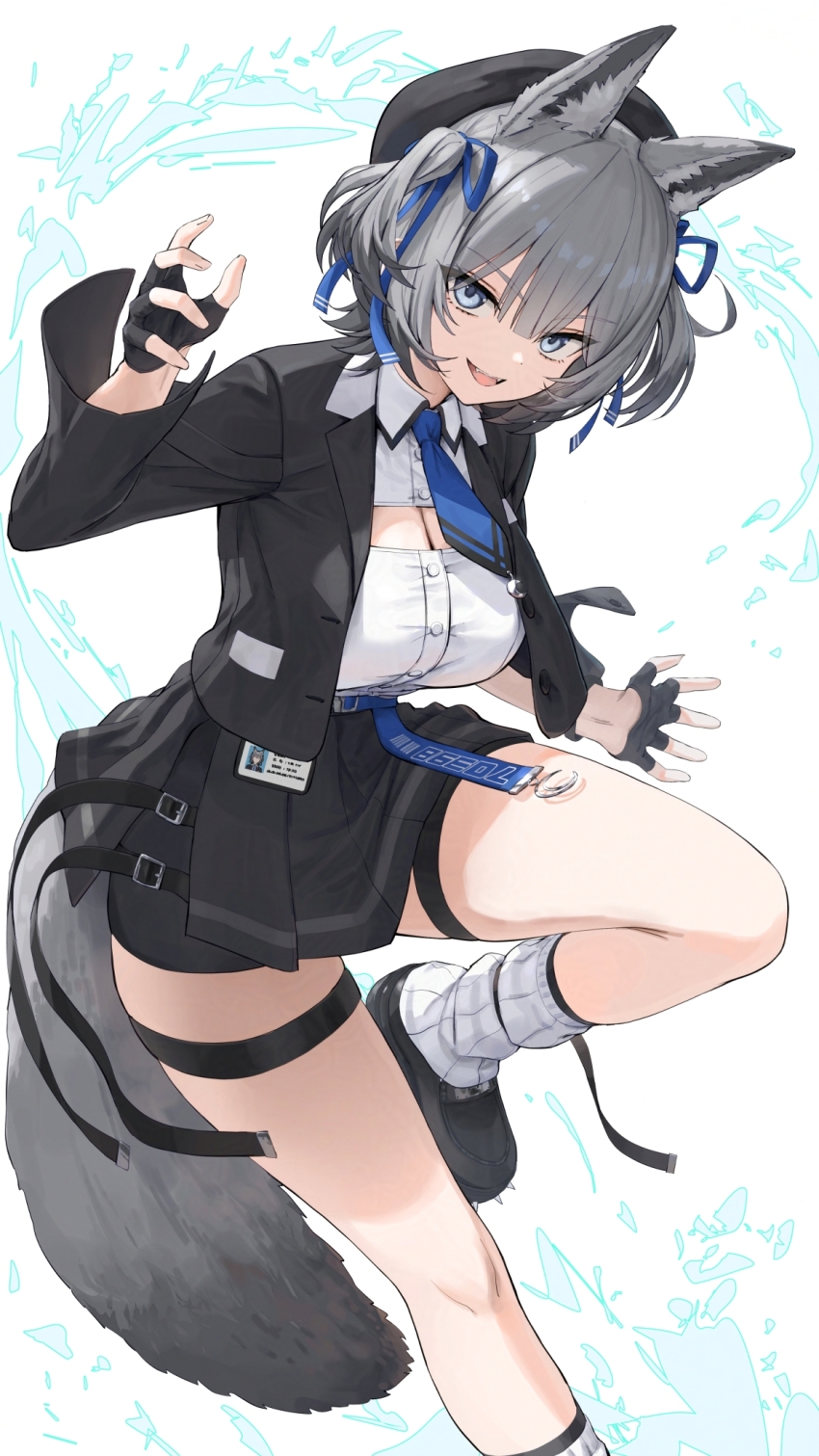 1girl animal_ear_fluff animal_ears belt black_belt black_hat black_jacket black_shoes black_skirt blue_eyes blue_necktie blue_ribbon breasts buttons cleavage cleavage_cutout clothing_cutout collared_shirt commentary_request commission cropped_jacket fangs fingerless_gloves gloves grey_hair grey_tail hair_between_eyes hair_ribbon hat head_tilt highres id_card jacket kamo_ashi kneehighs large_breasts leg_up light_trail long_sleeves looking_at_viewer necktie open_clothes open_hand open_jacket open_mouth original ribbon shirt shirt_tucked_in shoes short_hair simple_background skeb_commission skirt socks solo standing standing_on_one_leg tail teeth thighs two_side_up unbuttoned_jacket upper_teeth_only white_background white_shirt wolf_ears wolf_girl wolf_tail