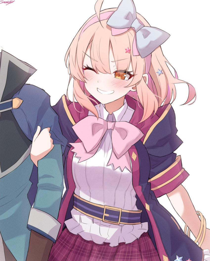 1boy 1girl belt black_coat bow bowtie bracelet chieru_(princess_connect!) coat collared_shirt grin hair_ornament hairband highres holding_another&#039;s_arm jewelry one_eye_closed open_clothes open_coat orange_eyes pink_bow pink_bowtie pink_hair pink_hairband plaid_clothes plaid_skirt princess_connect! puffy_short_sleeves puffy_sleeves purple_skirt sazamiso_rx school_uniform shirt short_sleeves sidelocks signature simple_background skirt smile st._theresa&#039;s_girls_academy_school_uniform star_(symbol) star_hair_ornament teeth white_background white_shirt yuuki_(princess_connect!)