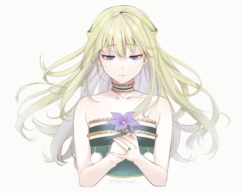 1girl bare_shoulders blonde_hair carrot_(robosquat) choker collarbone colored_inner_hair commentary_request cropped_torso floating_hair flower fumetsu_no_anata_e half_updo holding holding_flower jewelry light_smile multicolored_hair own_hands_together purple_eyes rean_cropp ring signature solo twitter_username