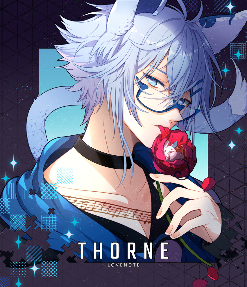 1boy absurdres animal_ears ascot black_background black_collar black_shirt blue-framed_eyewear blue_ascot blue_eyes blue_hair cat_ears cat_tail chest_hair collar collarbone commentary disembodied_hand english_commentary fingernails flower glasses hair_ornament hairclip hen-tie highres holding holding_flower light_blue_hair long_sleeves looking_at_viewer loose_hair_strand male_focus mouth_hold musical_note_tattoo original pectoral_cleavage pectorals petals plucking_petals red_flower shirt short_hair short_hair_with_long_locks sleeves_past_wrists solo tail tattoo thorne_(hen-tie) triangle_background upper_body v-neck