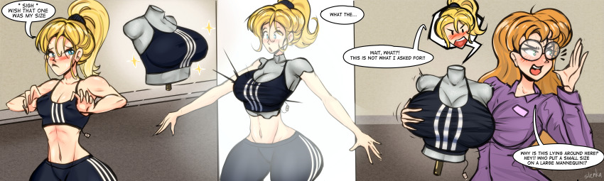 2girls absurdres adidas angry black_pants black_sports_bra blonde_hair blush breasts commentary english_commentary english_text frown glasses highres incredibly_absurdres looking_down looking_to_the_side looking_up mannequin medium_breasts medium_support_(meme) meme multiple_girls objectification open_mouth orange_hair original pants petrification ponytail round_eyewear slemka speech_bubble sports_bra transformation v-shaped_eyebrows wide_hips yoga_pants