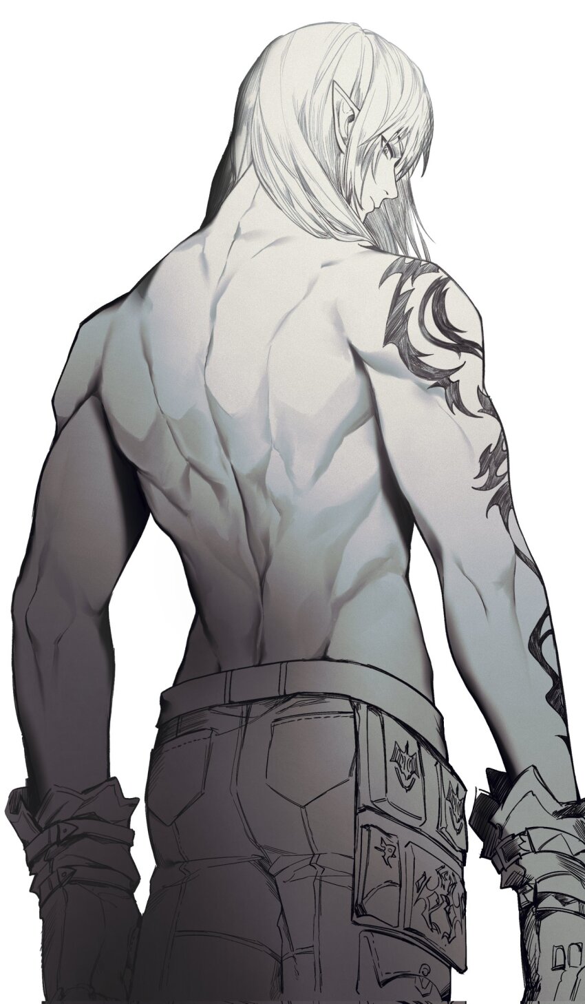 1boy arm_tattoo back_muscles chinese_commentary closed_mouth commentary_request cowboy_shot dimples_of_venus elezen elf estinien_varlineau final_fantasy final_fantasy_xiv gloves greyscale hair_between_eyes highres long_hair looking_back male_focus monochrome muscular muscular_male pants pointy_ears pouch simple_background solo standing tattoo tattoo_sleeve topless_male white_background yueyihuazh19781
