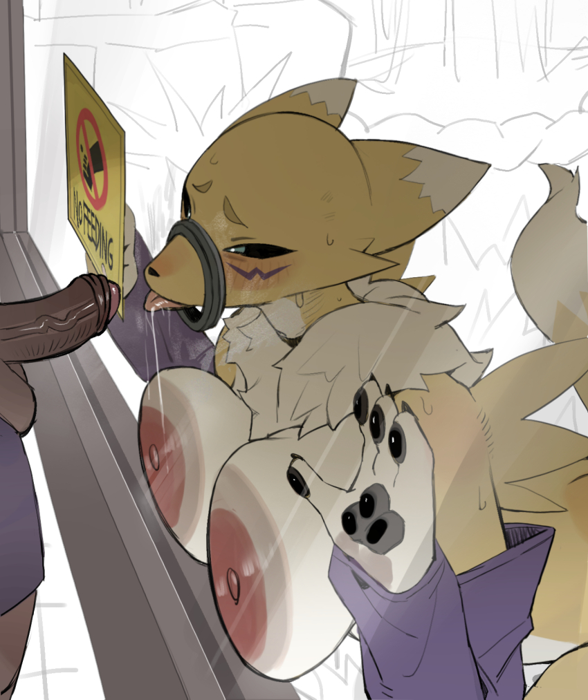 1boy 1girl alternate_breast_size_(larger) animal_ears animal_hands animal_nose black_sclera blue_eyes body_fur breast_press breasts claws colored_sclera commentary digimon digimon_(creature) drooling english_commentary facial_mark foreskin fox_ears fox_girl fox_tail furry furry_female glory_hole highres huge_breasts imminent_fellatio looking_at_penis neck_fur nipples penis purple_sleeves renamon saliva shota sign snout solo_focus tail testicles tongue tongue_out two-tone_fur veins veiny_penis white_fur yellow_fur zhou135627