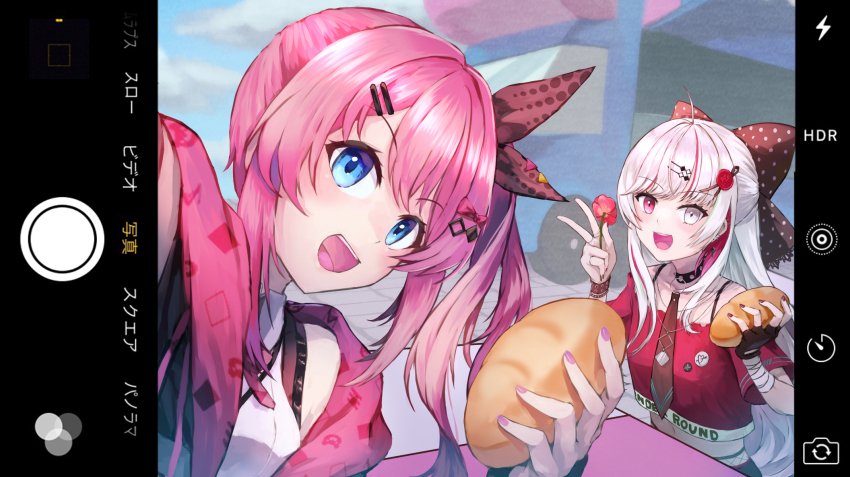 2girls bandaged_arm bandages bare_shoulders black_bow blue_eyes bow choker crop_top fake_phone_screenshot fake_screenshot fingerless_gloves fingernails flower food_truck gloves grey_eyes grey_hair hair_bow hair_ornament hairclip hand_up heterochromia highres holding holding_flower ishigami_nozomi ishigami_nozomi_(1st_costume) jacket juunishi_aya kuramochi_meruto kuramochi_meruto_(1st_costume) midriff multiple_girls navel necktie nijisanji off-shoulder_shirt off_shoulder open_clothes open_jacket open_mouth pink_eyes pink_hair pink_nails polka_dot polka_dot_bow red_nails red_shirt selfie shirt short_sleeves side_ponytail single_glove sitting v virtual_youtuber