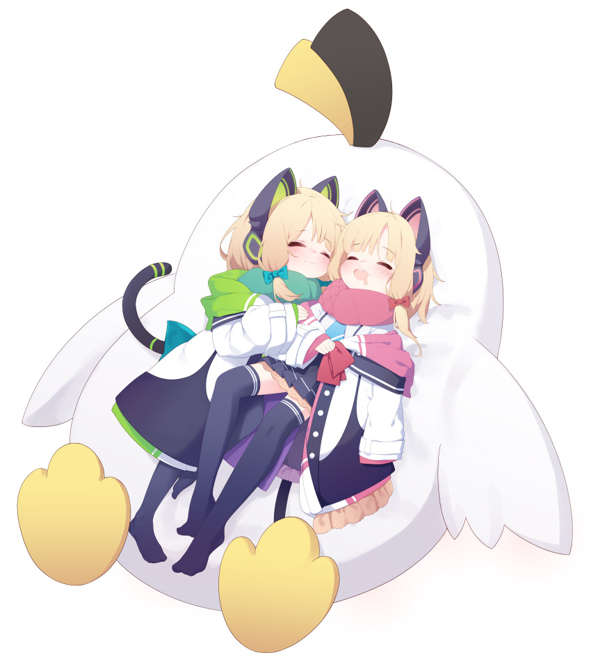2girls :3 ^_^ absurdres animal_ear_headphones animal_ears ansan_ey back_bow black_jacket black_skirt black_tail black_thighhighs blonde_hair blue_archive blue_bow blue_necktie blunt_bangs blush bow buttons cat_ear_headphones cat_ears cat_tail closed_eyes closed_mouth commentary drooling english_commentary fake_animal_ears fake_tail frilled_jacket frilled_skirt frills full_body green_hood green_jacket green_scarf hair_bow headphones highres hood hood_down hooded_jacket jacket knee_up long_sleeves low-tied_sidelocks lying medium_hair midori_(blue_archive) miniskirt momoi_(blue_archive) mouth_drool multicolored_jacket multiple_girls necktie no_halo no_shoes off_shoulder on_back on_side open_mouth oversized_clothes parted_bangs peroro_(blue_archive) pink_hood pink_jacket pink_scarf pleated_skirt red_bow scarf school_uniform shirt siblings sidelocks simple_background single_sleeve_past_fingers sisters skirt sleeping sleeping_on_person sleeves_past_wrists smile stuffed_animal stuffed_penguin stuffed_toy suspender_skirt suspenders tail teeth thighhighs twins two-sided_fabric two-sided_jacket unbuttoned unbuttoned_jacket upper_teeth_only white_background white_jacket white_shirt wide_sleeves zettai_ryouiki