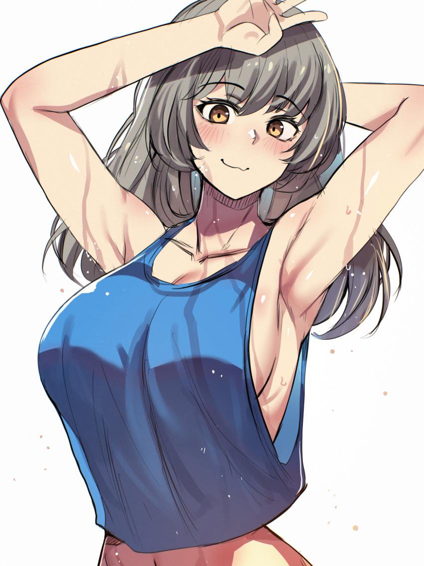 1girl absurdres arm_behind_head armpits arms_up blue_tank_top blush breasts closed_mouth collarbone commentary english_commentary grey_hair highres hinghoi honkai:_star_rail honkai_(series) large_breasts long_hair looking_at_viewer navel sideboob simple_background smile solo stelle_(honkai:_star_rail) stomach sweat tank_top trailblazer_(honkai:_star_rail) upper_body very_long_hair wet white_background yellow_eyes
