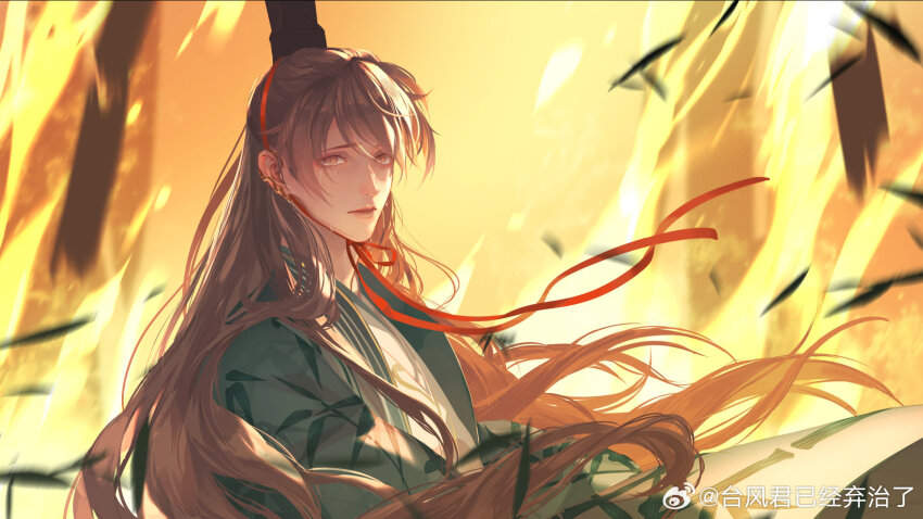1boy bamboo_print black_hat brown_eyes brown_hair chinese_clothes chinese_commentary code:_kite crying crying_with_eyes_open green_hanfu hanfu hat highres long_hair looking_at_viewer male_focus parted_lips solo streaming_tears taifeng_jun_yijing_qi_zhi_le tears upper_body watermark weibo_watermark yuan_ji_(code:_kite)