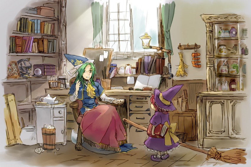 2girls arm_up ascot book bookshelf box broom capelet chair chemistry_set chest_of_drawers child crystal_ball cupboard desk dress female_focus ghost ghost_tail green_eyes green_hair hat jar kazuharu kirisame_marisa kirisame_marisa_(pc-98) mima_(touhou) multiple_girls open_mouth pc98 pectorals pot purple_dress red_hair room scroll shirt sitting skirt teapot touhou touhou_(pc-98) trash_can tray window witch witch_hat