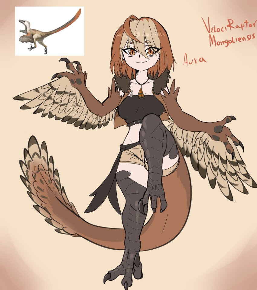 1girl a.c._hunter absurdres ahoge bird_legs black_tube_top breasts brown_feathers brown_hair brown_shorts brown_wings character_name claws digitigrade dinosaur_girl dinosaur_tail feather_necklace feathered_wings feathers hair_between_eyes harpy highres jewelry looking_at_viewer medium_breasts medium_hair midriff monster_girl multicolored_hair necklace orange_eyes original partially_feathered_tail raptor reference_inset shorts smile solo standing standing_on_one_leg strapless tail talons tube_top two-tone_hair velociraptor winged_arms wings