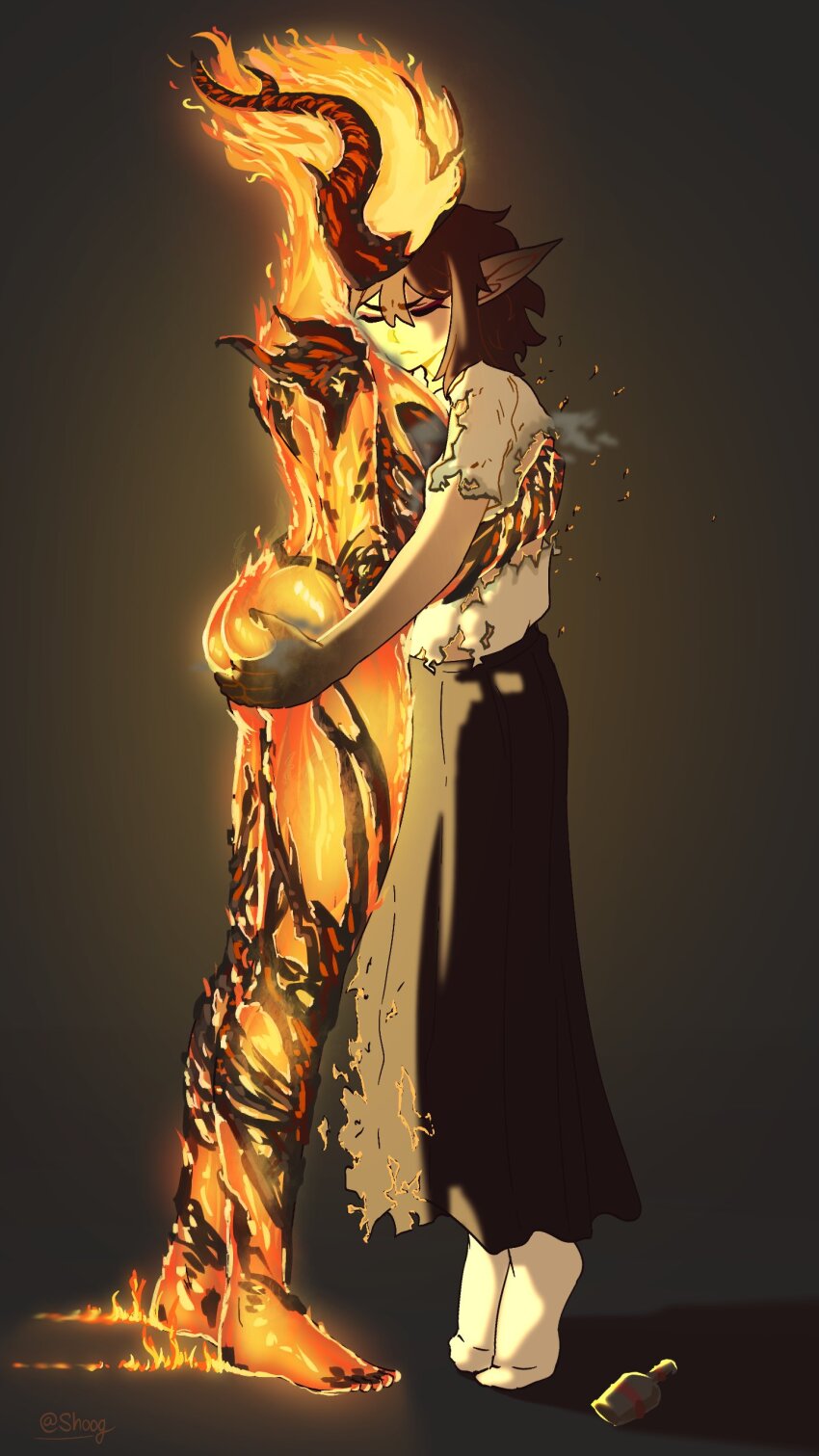 2girls absurdres ass black_skirt bottle brown_hair elemental_(creature) fire_elemental flame_atronach from_side grabbing_another&#039;s_ass gradient_background groping highres horns hug long_skirt medium_hair multiple_girls original pointy_ears shirt shoog short_sleeves skirt socks standing the_elder_scrolls the_elder_scrolls_iv:_oblivion torn_clothes torn_shirt yuri