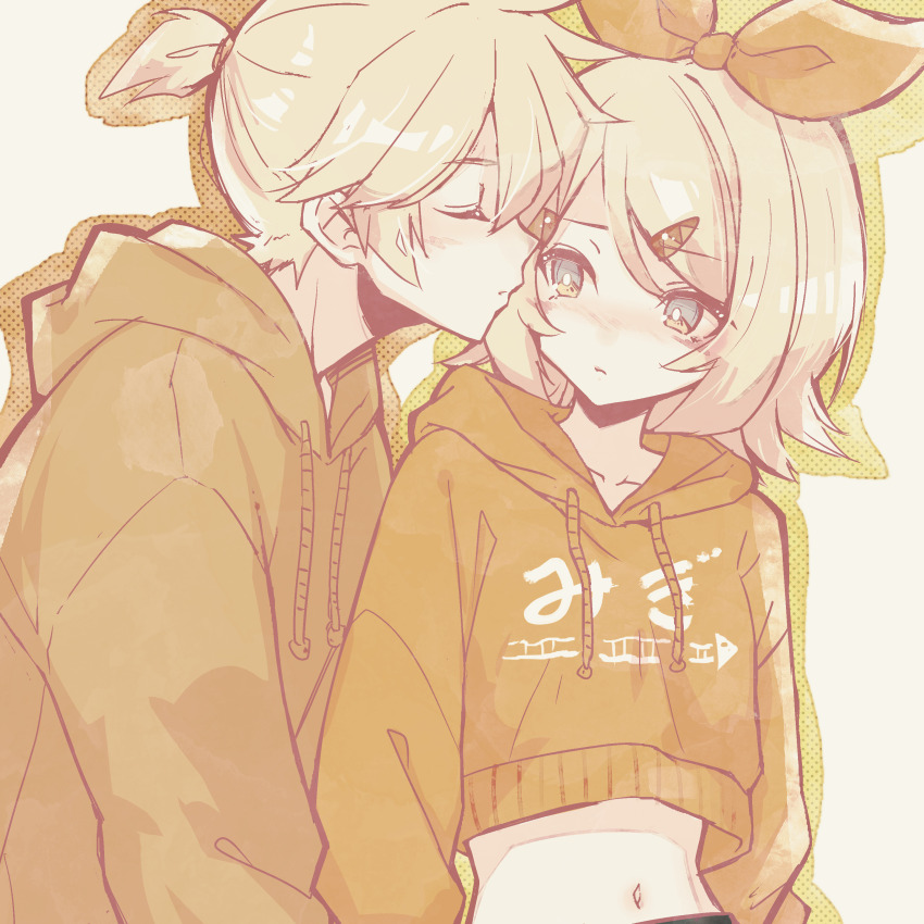 1boy 1girl absurdres aqua_eyes blonde_hair blue_eyes blush bow brother_and_sister closed_eyes clothes_writing collarbone commentary crop_top crop_top_overhang cropped_hoodie hair_between_eyes hair_bow hair_ornament hairclip halftone halka hetero high_ponytail highres hood hoodie incest kagamine_len kagamine_rin looking_at_another medium_hair midriff navel orange_outline outline parted_bangs ponytail short_ponytail siblings twincest twins vocaloid yellow_outline yellow_theme