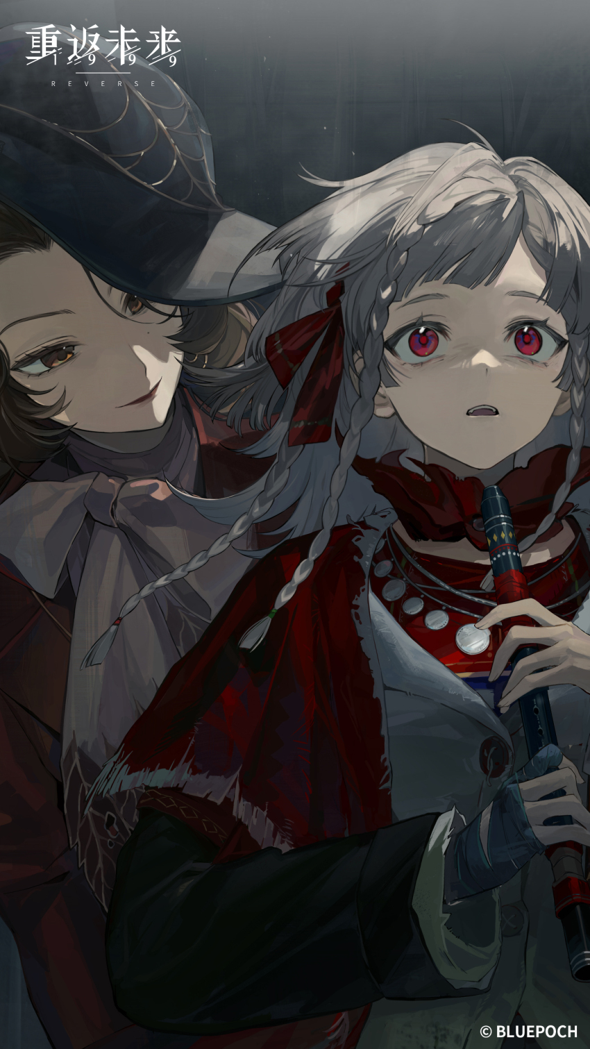 2girls absurdres behind_another black_coat black_gloves black_hat bow bowtie brown_eyes brown_hair cloak coat copyright_name copyright_notice dark fingerless_gloves flute from_below gloves grey_hair hands_up hat highres holding holding_flute holding_instrument instrument jacket jewelry leaning_to_the_side logo looking_at_another looking_up medium_hair multiple_girls necklace official_art official_wallpaper open_mouth quad_braids red_cloak red_eyes red_jacket reverse:1999 rubuska single_glove smile upper_body white_bow white_bowtie white_jacket