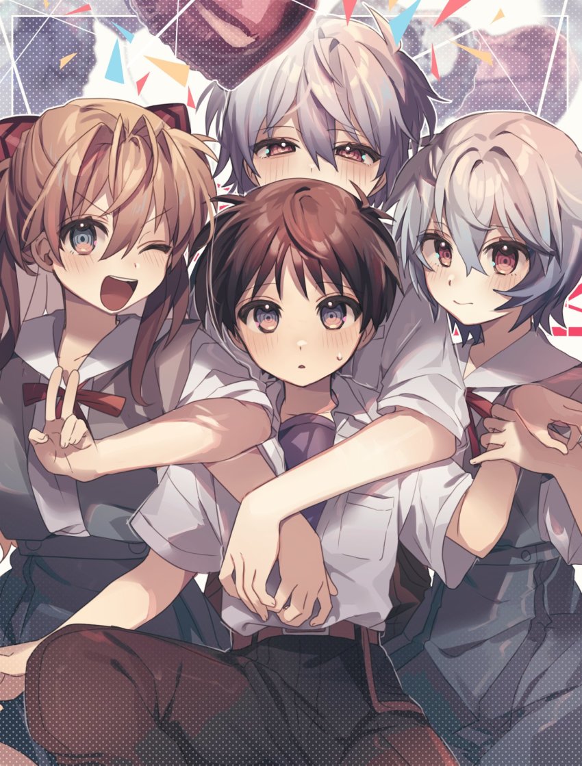 2boys 2girls ayanami_rei balloon birthday blue_hair highres hug hug_from_behind ikari_shinji multiple_boys multiple_girls nagisa_kaworu neon_genesis_evangelion one_eye_closed red_eyes school_uniform shirasunuko smile souryuu_asuka_langley tokyo-3_middle_school_uniform v