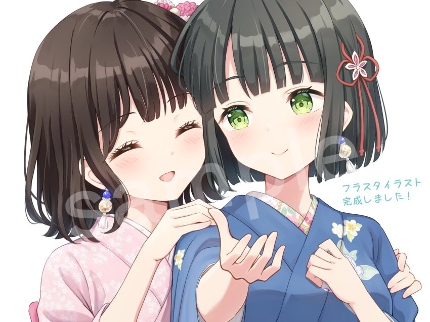 2girls :d ^_^ animification black_hair blue_kimono blunt_bangs blunt_ends blush bob_cut breasts closed_eyes closed_mouth commentary_request floral_print floral_print_kimono flower flower_knot green_eyes hair_flower hair_ornament hanazora_satsuki hand_on_another&#039;s_arm hand_on_another&#039;s_shoulder japanese_clothes kimono link!_like!_love_live! looking_at_another love_live! medium_breasts momose_ginko momose_ginko_(summer_casual) multiple_girls open_mouth outstretched_arm pink_kimono print_kimono real_life sakurai_hina sample_watermark short_hair simple_background smile split_mouth translation_request virtual_youtuber voice_actor voice_actor_connection watermark white_background