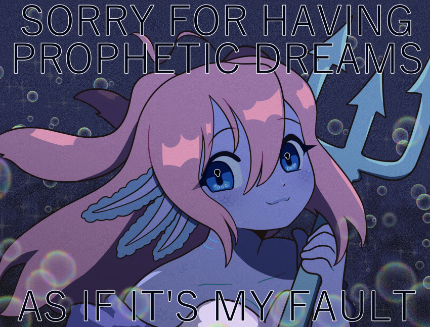 1girl :3 animification as_if_it&#039;s_my_fault_(meme) axolotl_ears axolotl_girl blue_eyes bubble colored_skin commentary empires_smp english_commentary gills highres holding_polearm ldshadowlady ldshadowlady_(ocean_queen) long_hair looking_at_viewer loukiw meme minecraft_youtube monster_girl pink_hair polearm purple_skin sidelocks smile solo sparkle trident underwater weapon