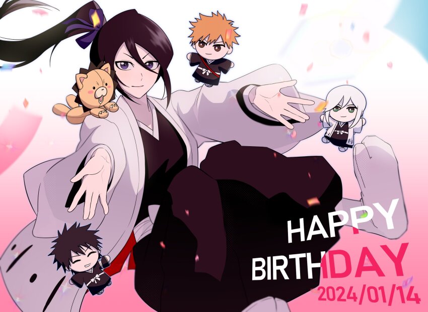 &gt;:) 1girl 2024 3boys \||/ black_hair black_kimono bleach bleach:_epilogue blush_stickers bright_pupils brown_eyes chibi chibi_inset closed_mouth commentary_request confetti dated double-parted_bangs floating_clothes floating_hair foot_out_of_frame gradient_background green_eyes gwao_(_ul_13) hair_between_eyes hair_ribbon haori happy_birthday highres japanese_clothes kimono knees_together_feet_apart kon_(bleach) korean_commentary kuchiki_rukia kurosaki_ichigo long_hair long_sleeves looking_at_viewer multiple_boys no_shoes orange_hair outstretched_arms pink_background purple_eyes purple_ribbon ribbon shiba_kaien short_hair side_ponytail simple_background smile solo_focus sparkle spiked_hair spoilers stuffed_animal stuffed_lion stuffed_toy tabi tsurime ukitake_juushirou v-shaped_eyebrows white_background white_hair white_pupils wide_sleeves