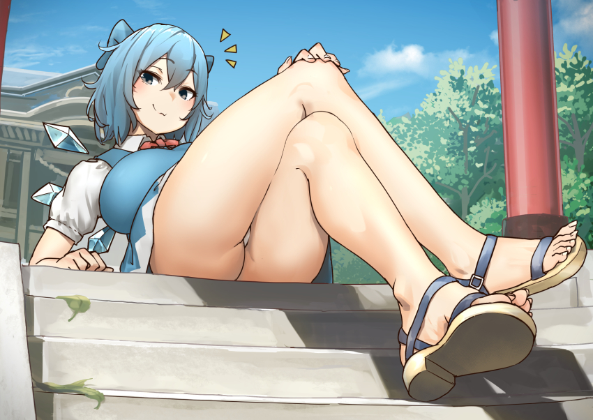 1girl :3 ^^^ aged_up alternate_breast_size arm_support ass bare_legs blouse blue_dress blue_eyes blue_hair blush bow bowtie breasts cirno closed_mouth commentary_request crossed_legs day doyagao dress dress_shirt fairy_wings feet foreshortening hair_between_eyes hair_bow hand_on_own_knee highres ice ice_wings knees_up large_breasts legs looking_at_viewer nail_polish outdoors panties pantyshot pinafore_dress reclining red_bow red_bowtie red_ribbon ribbon sandals shirt short_hair sitting sleeveless sleeveless_dress smug solo split_mouth stairs stone_stairs temple thighs toenail_polish toenails toes torii touhou underwear uru_(uru0000) white_nails white_panties white_shirt wing_collar wings