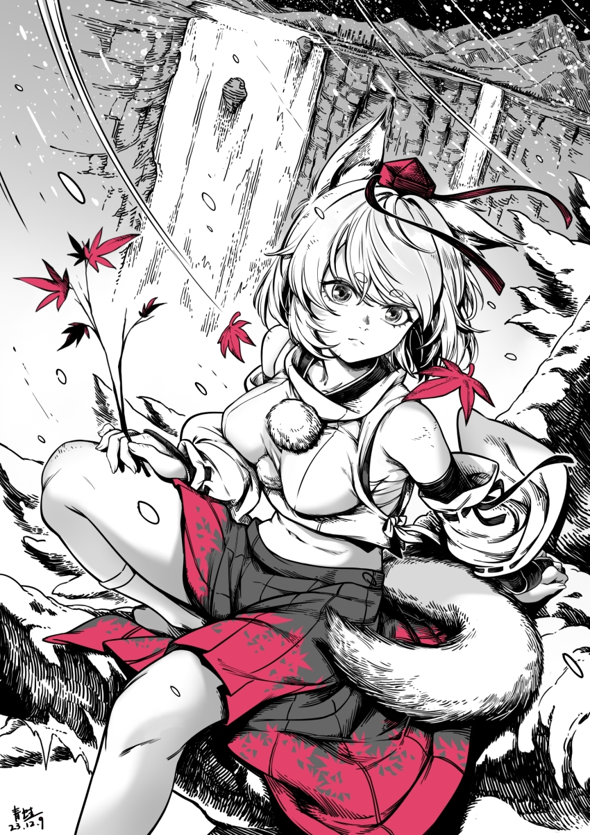 1girl animal_ears breasts detached_sleeves hat highres inubashiri_momiji leaf maple_leaf medium_breasts midriff partially_colored qingwa_chi_she short_hair skirt snow solo tail tokin_hat touhou water waterfall wind wolf_ears wolf_girl wolf_tail