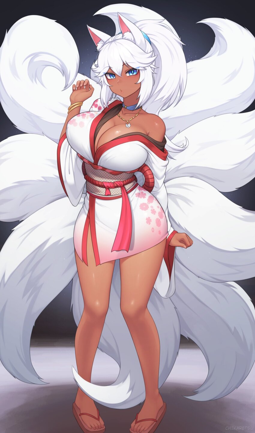 1girl animal_ears arm_at_side bare_shoulders blue_eyes breasts brown_sandals chikaretsu cleavage clothes_pull commission dark-skinned_female dark_skin expressionless eyebrows female_focus fingernails fox_ears fox_girl fox_tail full_body hand_up highres huge_breasts japanese_clothes jewelry kimono kimono_pull kitsune long_hair looking_at_viewer multiple_tails necklace obi off_shoulder original parted_lips ponytail red_kimono sandals sash short_kimono solo standing tail toes two-tone_kimono white_hair white_kimono