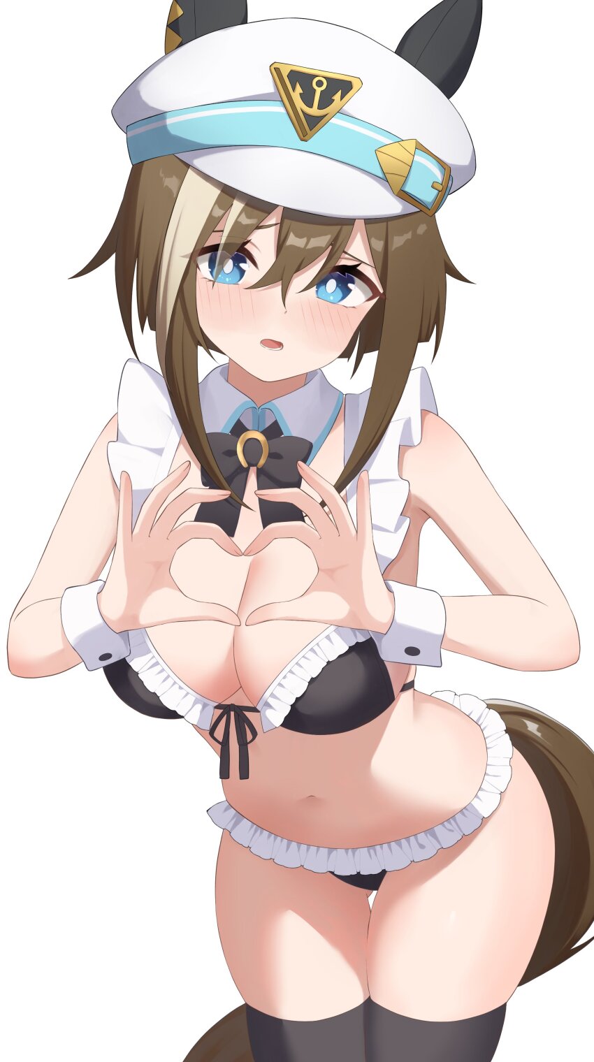 1girl absurdres alternate_costume animal_ears astroglia_cyte bikini black_bow black_bowtie black_thighhighs blue_eyes blush bow bowtie breasts brown_hair cheval_grand_(umamusume) cleavage commentary_request detached_collar ear_covers ears_through_headwear frilled_bikini frills hair_between_eyes hat heart heart_hands highres horse_ears horse_girl horse_tail large_breasts leaning_forward looking_at_viewer maid maid_bikini multicolored_hair navel sailor_hat short_hair_with_long_locks simple_background solo streaked_hair swimsuit tail thighhighs umamusume unconventional_maid white_background white_hair white_hat wrist_cuffs