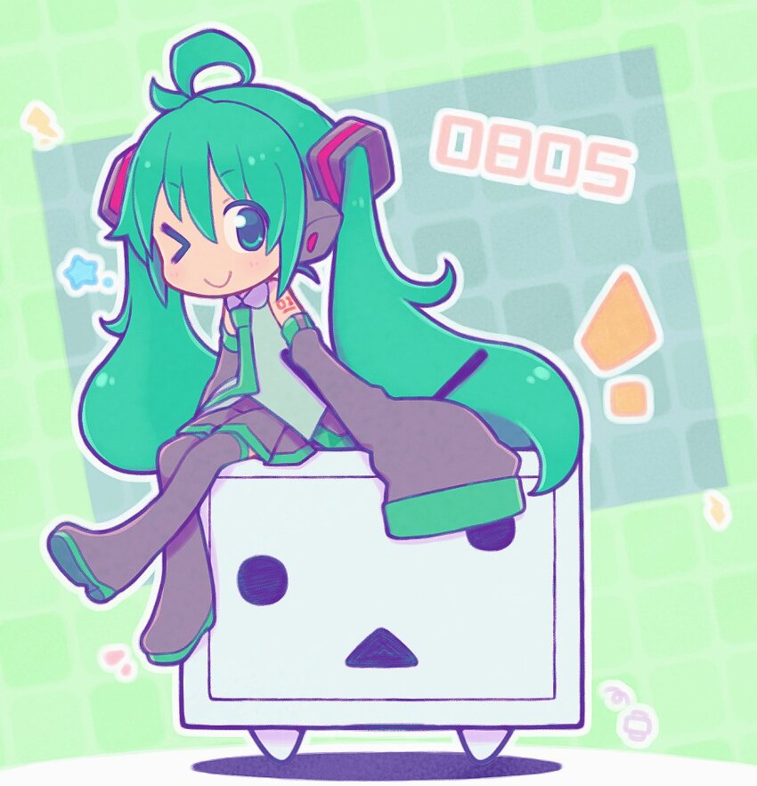 1girl black_boots black_skirt black_sleeves blue_eyes blue_hair blue_necktie boots closed_mouth collared_shirt commentary_request detached_sleeves full_body green_background grey_shirt hair_between_eyes hatsune_miku highres kuro_(kuroneko_no_kanzume) long_hair long_sleeves looking_at_viewer miniskirt necktie niconico number_tattoo one_eye_closed pleated_skirt shirt shoulder_tattoo sitting skirt sleeveless sleeveless_shirt smile solo tattoo terebi-chan thigh_boots twintails very_long_hair vocaloid
