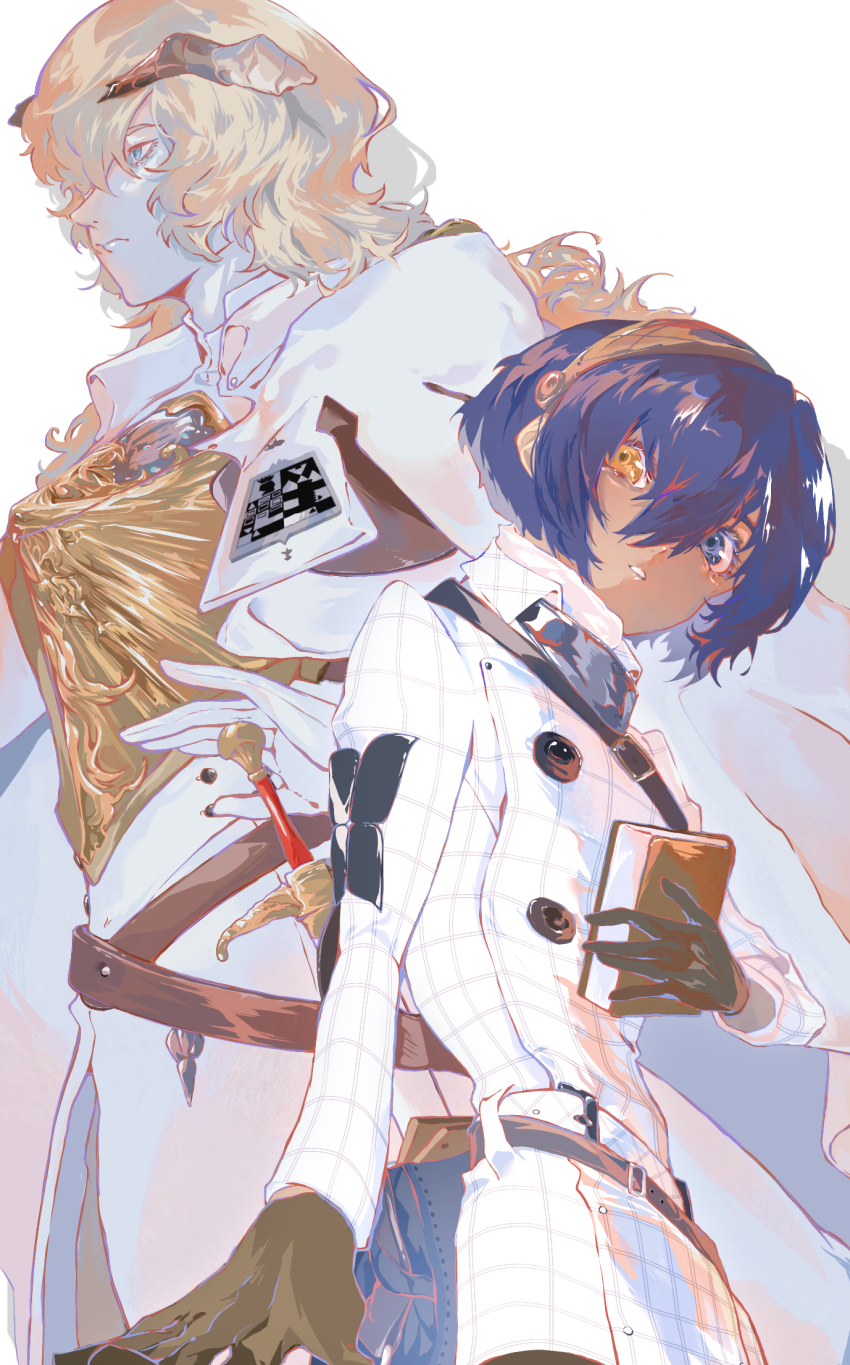 2boys black_gloves blonde_hair blue_eyes blue_hair book closed_mouth commentary_request gloves hair_between_eyes heterochromia highres holding holding_book horns long_hair louis_(metaphor:_refantazio) male_focus metaphor:_refantazio multiple_boys protagonist_(metaphor:_refantazio) simple_background sword wavy_hair weapon white_background yellow_eyes zero85727146
