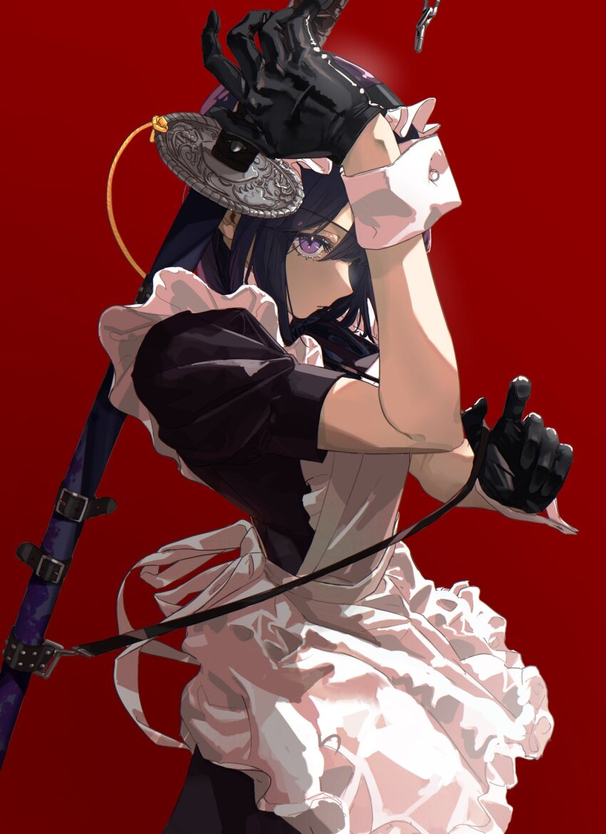 1girl apron black_dress black_gloves black_hair dress frilled_apron frills gloves highres holding holding_sword holding_weapon long_hair looking_at_viewer maid maid_apron maid_headdress original purple_eyes red_background sawatani_(_swt2) short_sleeves simple_background solo sword waist_apron weapon white_apron wrist_cuffs