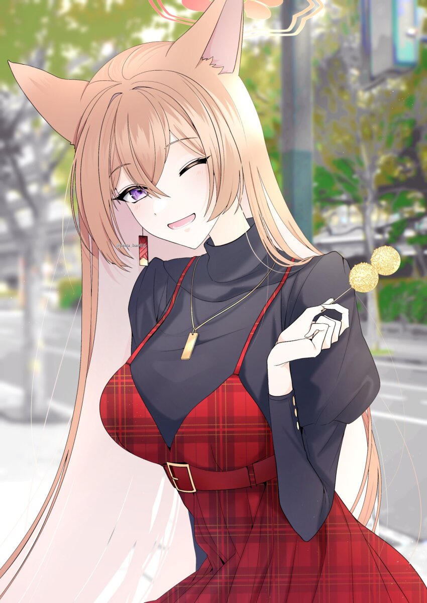 1girl animal_ears blue_archive breasts brown_hair city dango dress earrings food fox_ears halo highres holding holding_skewer jewelry juliet_sleeves large_breasts long_hair long_sleeves one_eye_closed pasta_bar415 pendant plaid_clothes plaid_dress puffy_sleeves purple_eyes red_halo rumi_(blue_archive) single_earring skewer smile twitter_username very_long_hair wagashi