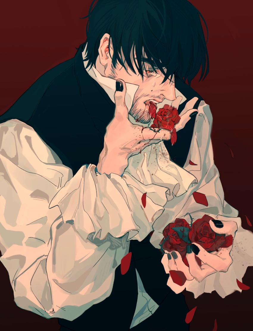 1boy absurdres antonio_salieri ascot beard black_hair black_nails black_vest blood blood_from_mouth blood_on_clothes blood_on_flower blood_on_hands blucean brown_eyes chinese_commentary collared_shirt commentary_request coughing_flowers cowboy_shot crying crying_with_eyes_open facial_hair flower frilled_sleeves frills highres holding holding_flower long_sleeves male_focus mustache open_mouth partial_commentary petals real_life red_background red_flower red_rose rose saliva saliva_trail shirt short_hair simple_background solo tears thorns vest vomiting_blood white_ascot white_shirt
