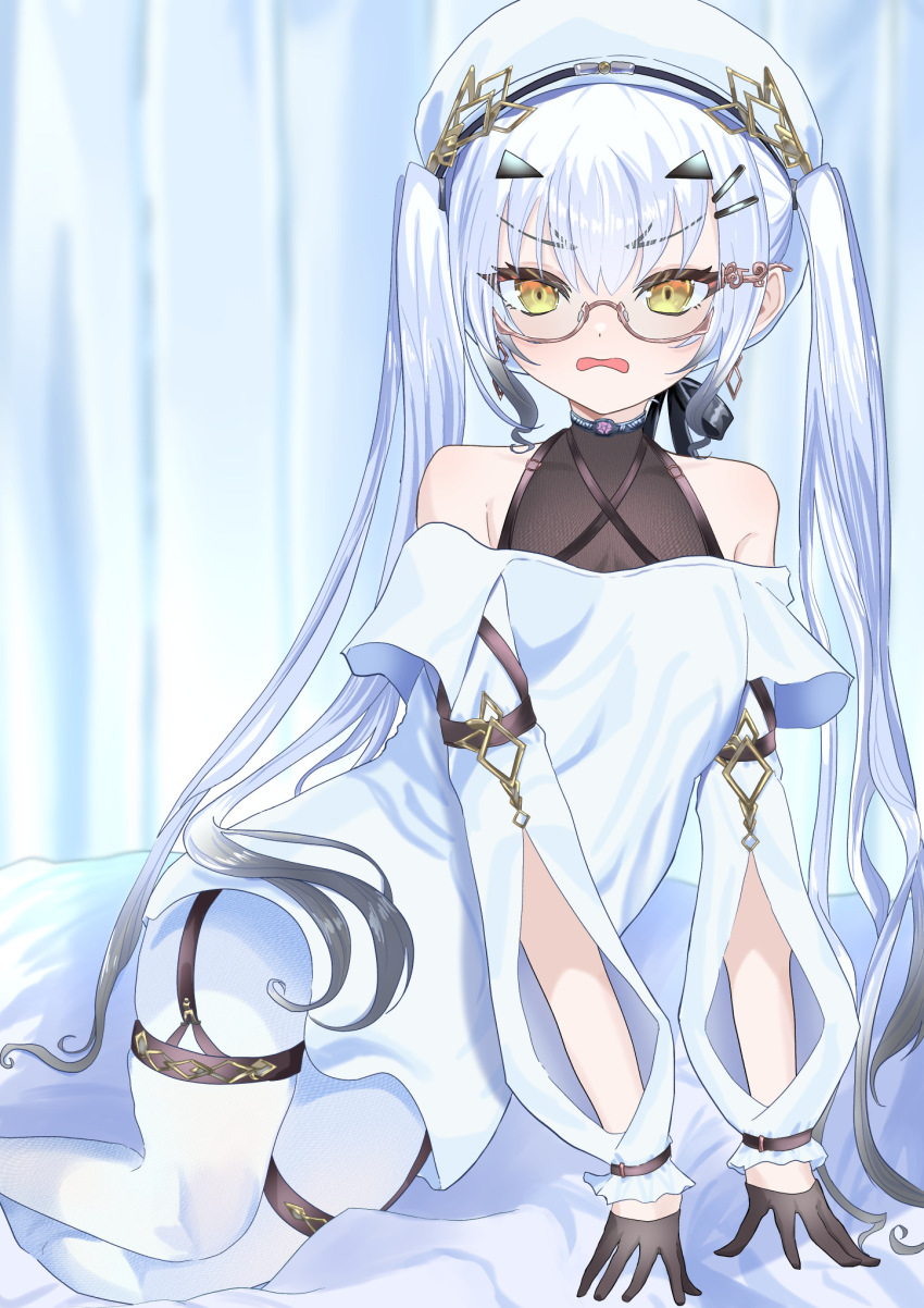 1girl black_mittens colored_skin dress fate/grand_order fate_(series) grey_hair hair_between_eyes hair_ornament highres long_hair long_sleeves looking_at_viewer melusine_(exhibition_attire)_(fate) melusine_(fate) mittens open_mouth semi-rimless_eyewear simple_background solo very_long_hair white_background white_skin woollen_cap yellow-framed_eyewear yellow_eyes yuritoame