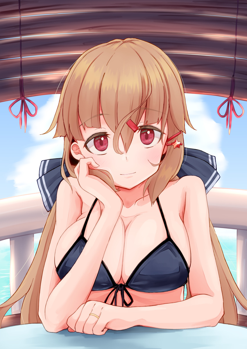 1girl absurdres alternate_breast_size alternate_costume bikini blue_bikini blue_sky blush bow breasts brown_eyes brown_hair cleavage closed_mouth cloud gloves hair_between_eyes hair_ornament hairclip highres jewelry kantai_collection komb large_breasts long_hair low_twintails ring shadow sitting sky star_(symbol) swimsuit table tashkent_(kancolle) twintails wedding_band