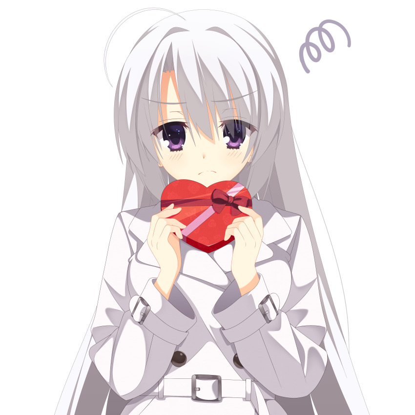 &gt;:( 1girl absurdres ahoge alternate_costume ayachi_nene blush box closed_mouth coat commentary_request eyes_visible_through_hair frown gift grey_coat grey_hair hair_between_eyes hands_up heart-shaped_box highres holding holding_gift kaon_zz long_hair long_sleeves looking_at_viewer purple_eyes sanoba_witch simple_background solo split_mouth squiggle straight-on upper_body v-shaped_eyebrows valentine very_long_hair white_background wide_sleeves