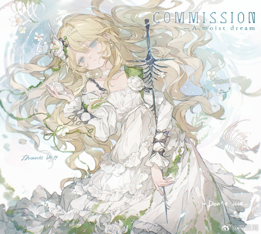 1girl blonde_hair blue_eyes breasts brooch chinese_commentary cleavage collarbone commentary_request commission conch dot_nose dress expressionless feet_out_of_frame fish_skeleton flower flower_brooch frilled_dress frilled_sleeves frills hair_between_eyes hair_spread_out holding holding_sword holding_weapon jewelry koiliblikas layered_sleeves light_blush long_dress long_hair long_sleeves looking_at_viewer lying lying_on_water moss on_back original parted_lips ripples shell_hair_ornament short_over_long_sleeves short_sleeves single_bare_shoulder solo swept_bangs sword thank_you very_long_hair watermark wavy_hair weapon weibo_watermark white_dress white_flower