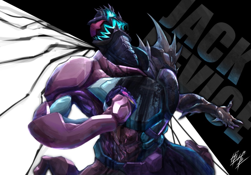 1boy armor asymmetrical_armor black_armor black_background black_scarf blue_eyes bodysuit compound_eyes demon_boy rider_belt full_body helmet heterochromia highres ink kamen_rider kamen_rider_jack_revice kamen_rider_revi kamen_rider_revice kneeling male_focus monsterification name_tag name_connection official_alternate_costume pink_armor red_eyes revice_driver rider_belt rolling_vistamp scarf sharp_teeth shoulder_armor signature spiked_armor teeth tokusatsu transformation two-tone_background white_background zagizagi